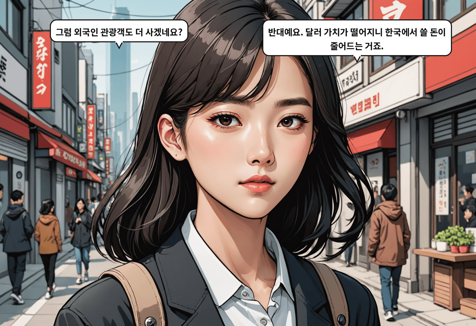 A: 그럼 외국인 관광객도 더 사겠네요? B: 반대예요. 달러 가치가 떨어지니 한국에서 쓸 돈이 줄어드는 거죠.