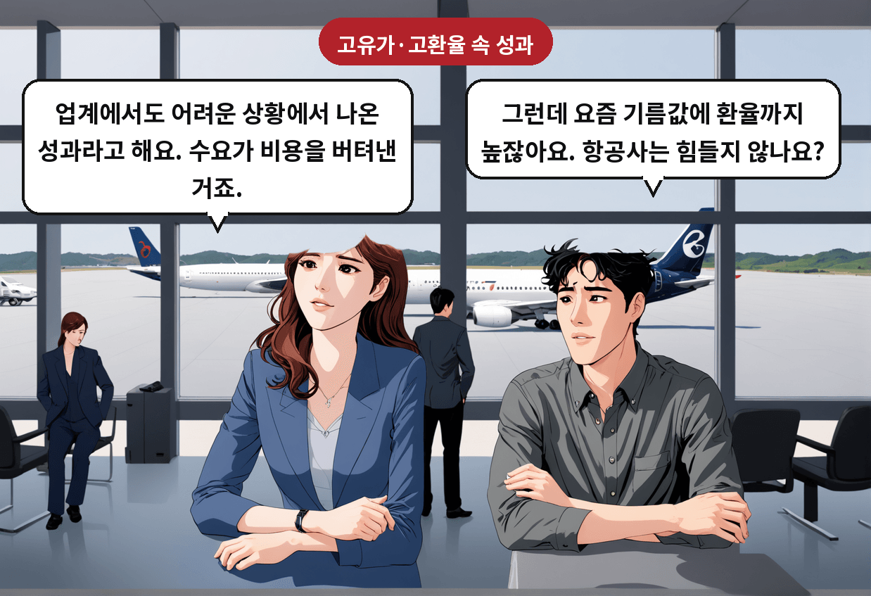 B: 그런데 요즘 기름값에 환율까지 높잖아요. 항공사는 힘들지 않나요? A: 업계에서도 어려운 상황에서 나온 성과라고 해요. 수요가 비용을 버텨낸 거죠.