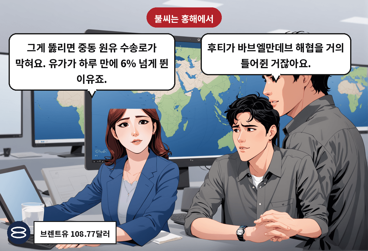 B: 후티가 바브엘만데브 해협을 거의 틀어쥔 거잖아요. A: 그게 뚫리면 중동 원유 수송로가 막혀요. 유가가 하루 만에 6% 넘게 뛴 이유죠.