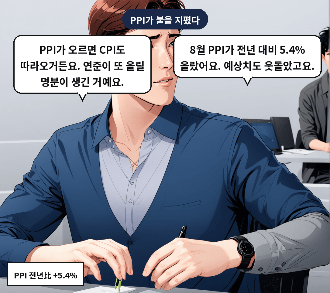 A: 8월 PPI가 전년 대비 5.4% 올랐어요. 예상치도 웃돌았고요. B: PPI가 오르면 CPI도 따라오거든요. 연준이 또 올릴 명분이 생긴 거예요.