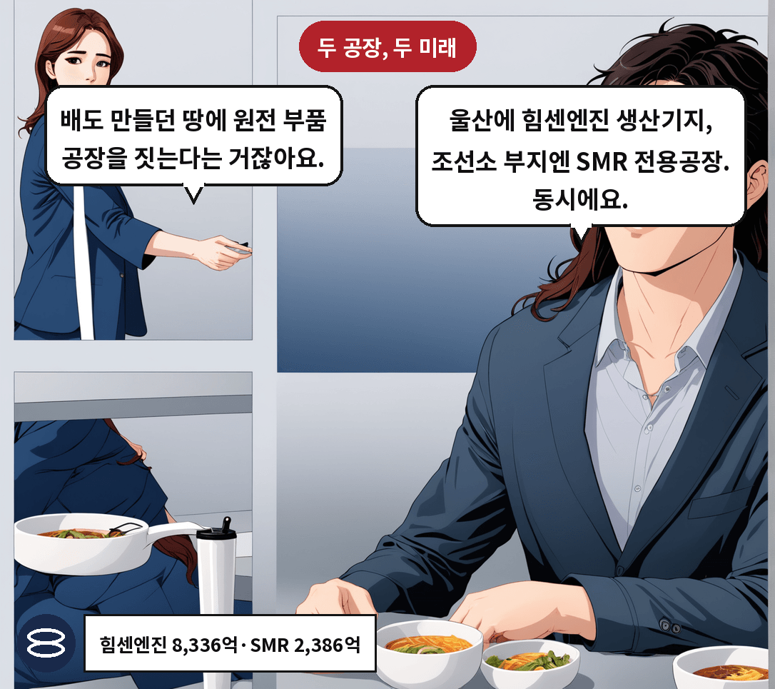 A: 울산에 힘센엔진 생산기지, 조선소 부지엔 SMR 전용공장. 동시에요. B: 배도 만들던 땅에 원전 부품 공장을 짓는다는 거잖아요.
