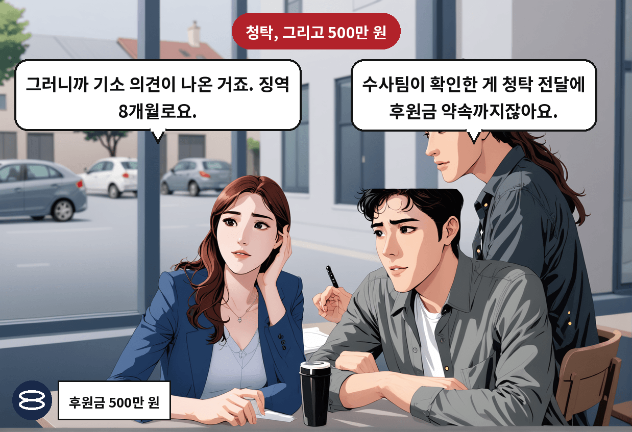A: 수사팀이 확인한 게 청탁 전달에 후원금 약속까지잖아요. B: 그러니까 기소 의견이 나온 거죠. 징역 8개월로요.