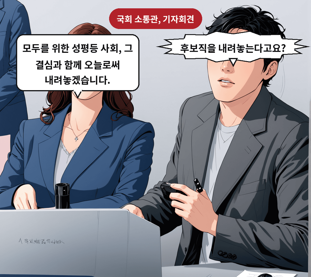 기자: 후보직을 내려놓는다고요? 용 후보자: 모두를 위한 성평등 사회, 그 결심과 함께 오늘로써 내려놓겠습니다.