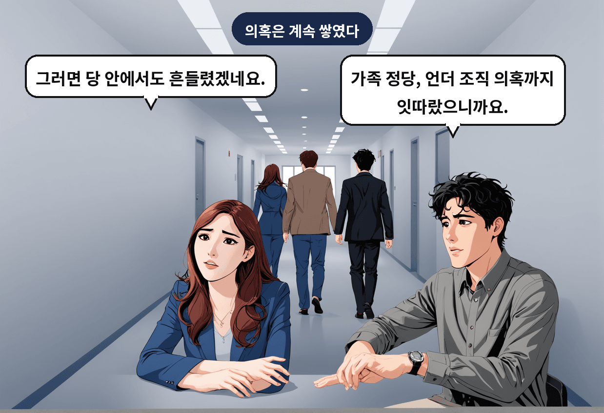 B: 가족 정당, 언더 조직 의혹까지 잇따랐으니까요. A: 그러면 당 안에서도 흔들렸겠네요.