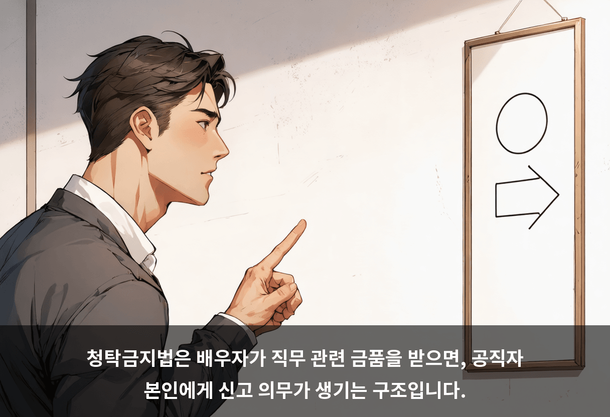 청탁금지법은 배우자가 직무 관련 금품을 받으면, 공직자 본인에게 신고 의무가 생기는 구조입니다.