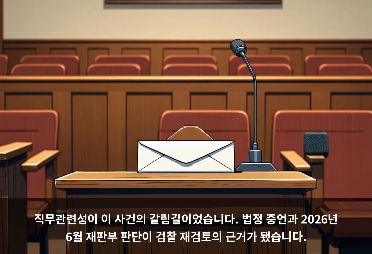 직무관련성이 이 사건의 갈림길이었습니다. 법정 증언과 2026년 6월 재판부 판단이 검찰 재검토의 근거가 됐습니다.