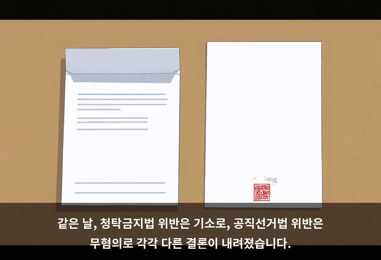 같은 날, 청탁금지법 위반은 기소로, 공직선거법 위반은 무혐의로 각각 다른 결론이 내려졌습니다.