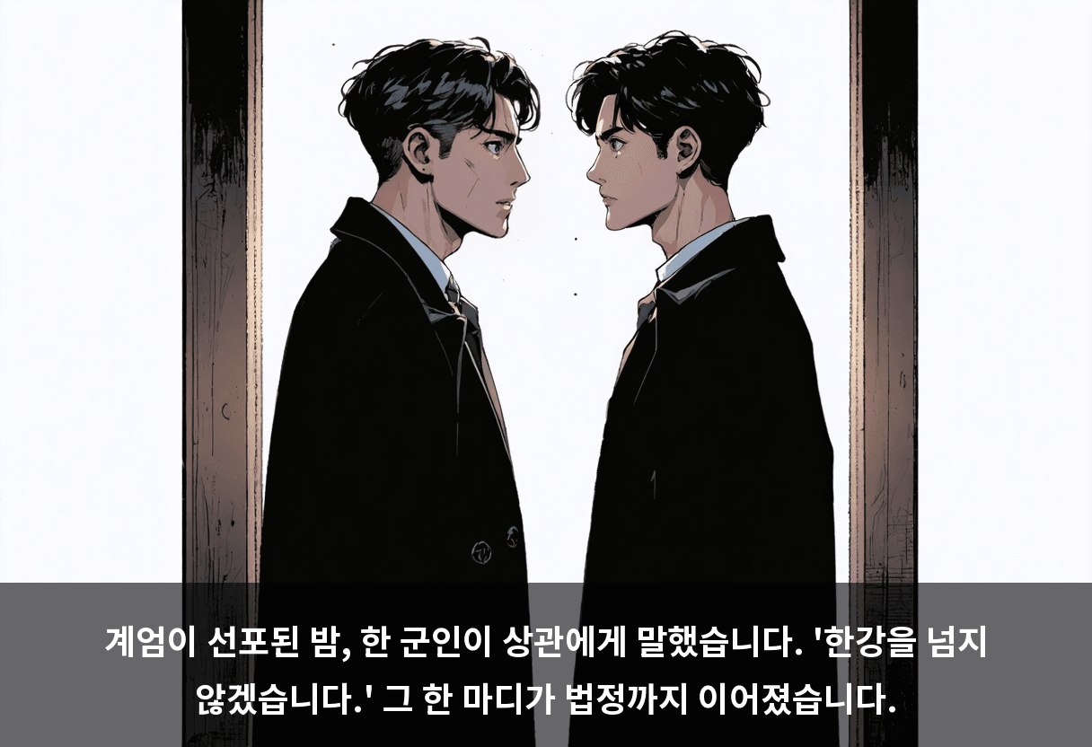 계엄이 선포된 밤, 한 군인이 상관에게 말했습니다. '한강을 넘지 않겠습니다.' 그 한 마디가 법정까지 이어졌습니다.