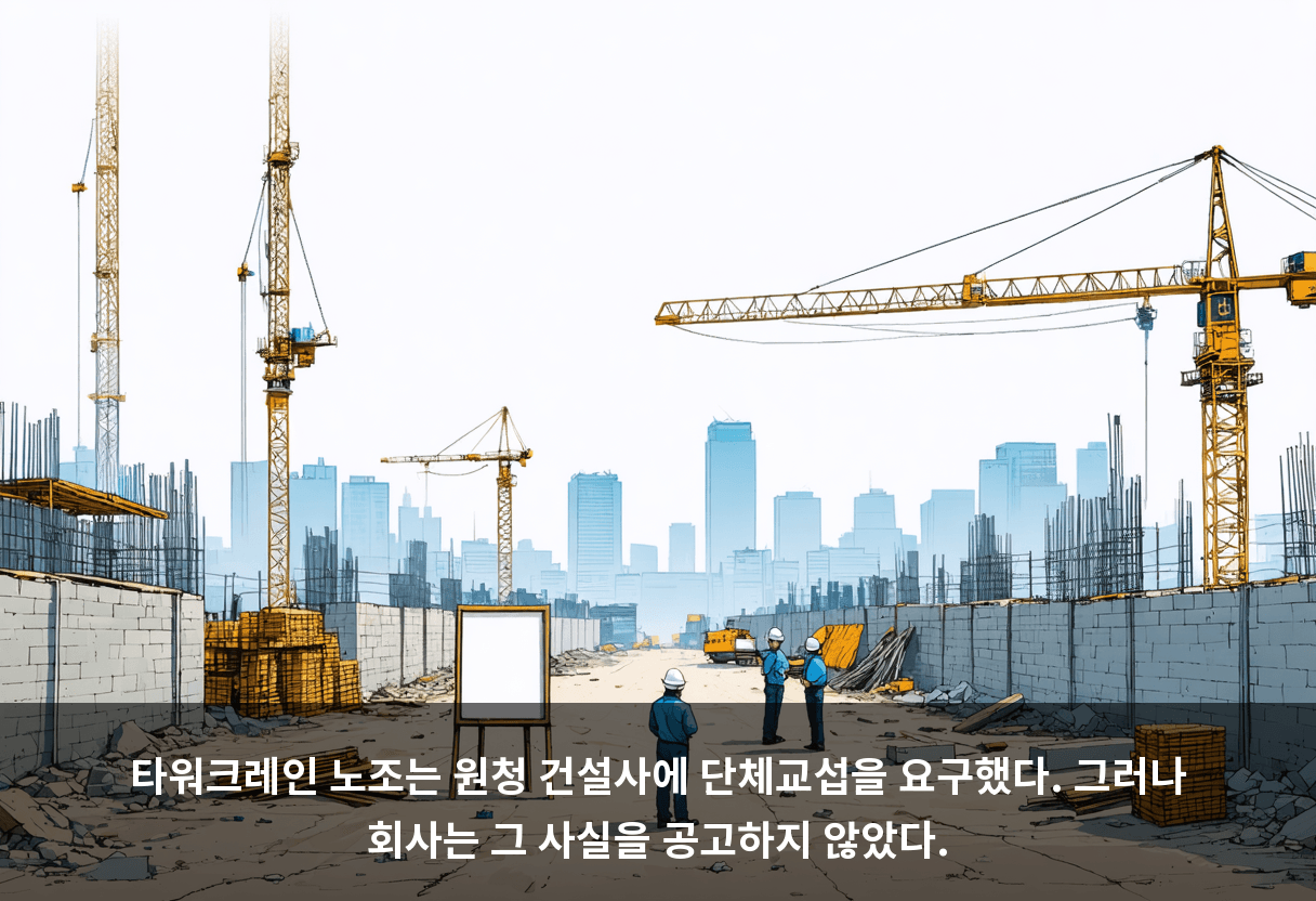 타워크레인 노조는 원청 건설사에 단체교섭을 요구했다. 그러나 회사는 그 사실을 공고하지 않았다.