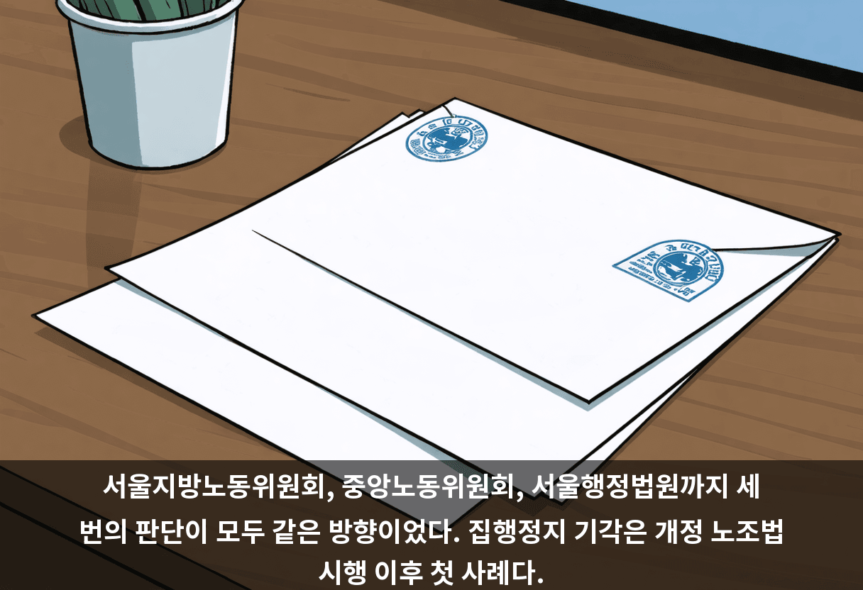 서울지방노동위원회, 중앙노동위원회, 서울행정법원까지 세 번의 판단이 모두 같은 방향이었다. 집행정지 기각은 개정 노조법 시행 이후 첫 사례다.