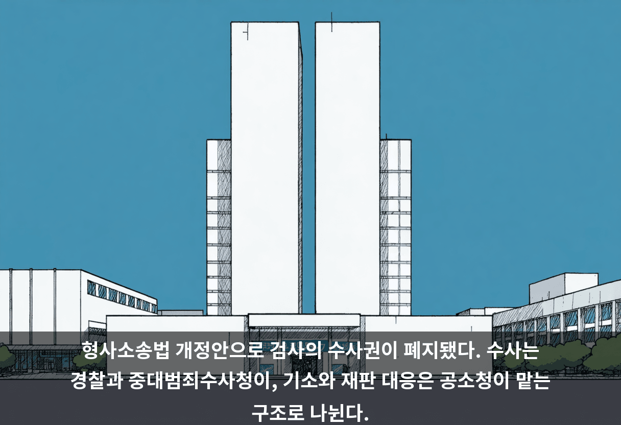 형사소송법 개정안으로 검사의 수사권이 폐지됐다. 수사는 경찰과 중대범죄수사청이, 기소와 재판 대응은 공소청이 맡는 구조로 나뉜다.