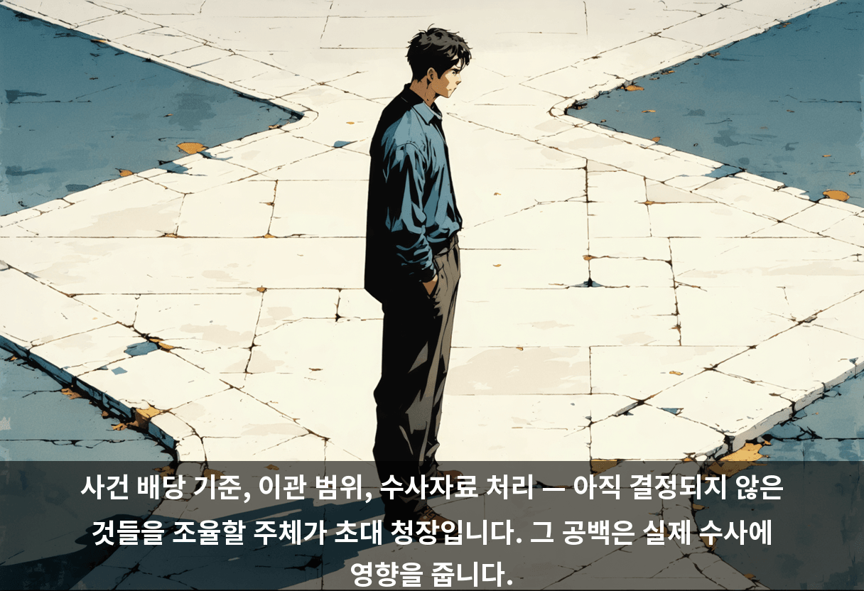 사건 배당 기준, 이관 범위, 수사자료 처리 — 아직 결정되지 않은 것들을 조율할 주체가 초대 청장입니다. 그 공백은 실제 수사에 영향을 줍니다.