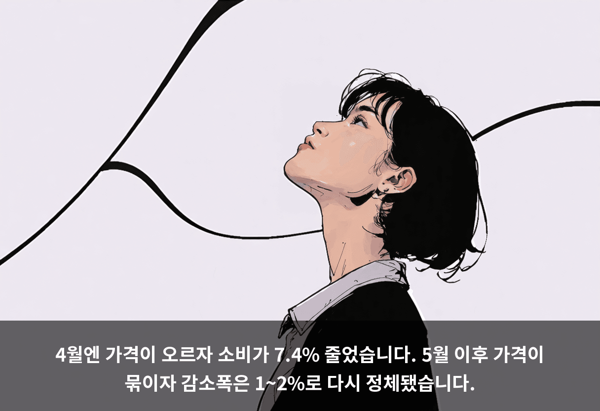 4월엔 가격이 오르자 소비가 7.4% 줄었습니다. 5월 이후 가격이 묶이자 감소폭은 1~2%로 다시 정체됐습니다.