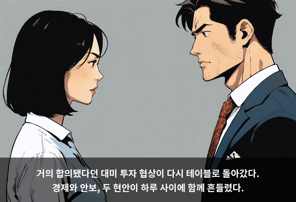 거의 합의됐다던 대미 투자 협상이 다시 테이블로 돌아갔다. 경제와 안보, 두 현안이 하루 사이에 함께 흔들렸다.