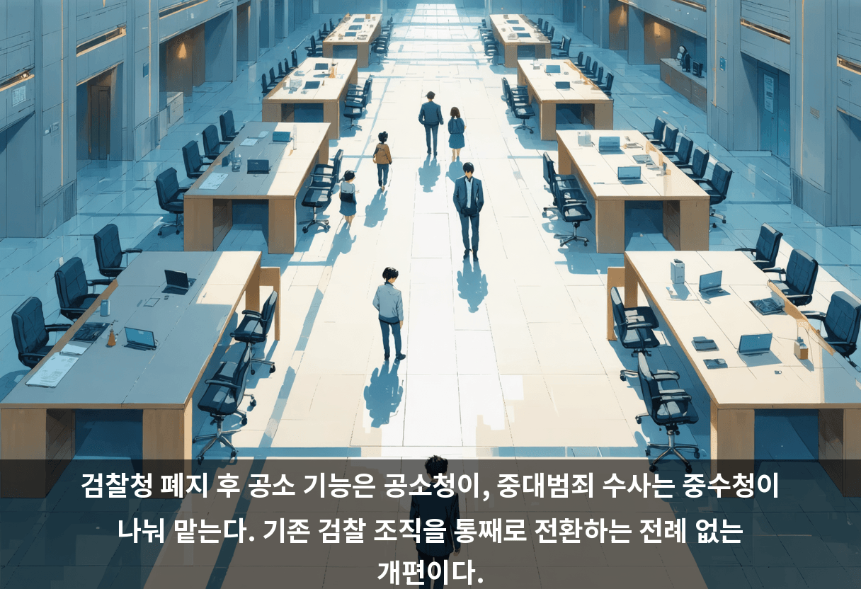 검찰청 폐지 후 공소 기능은 공소청이, 중대범죄 수사는 중수청이 나눠 맡는다. 기존 검찰 조직을 통째로 전환하는 전례 없는 개편이다.