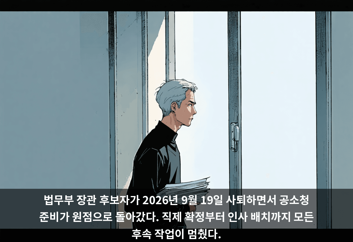 법무부 장관 후보자가 2026년 9월 19일 사퇴하면서 공소청 준비가 원점으로 돌아갔다. 직제 확정부터 인사 배치까지 모든 후속 작업이 멈췄다.