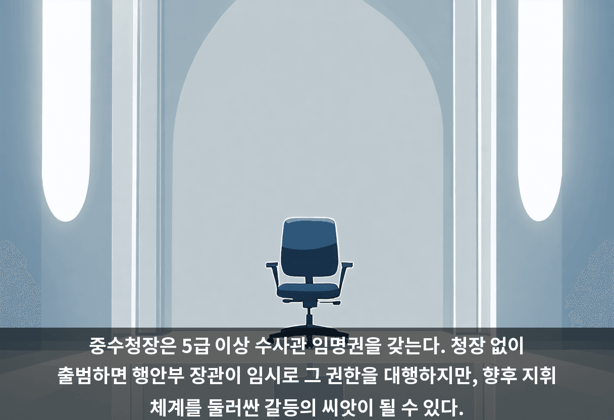 중수청장은 5급 이상 수사관 임명권을 갖는다. 청장 없이 출범하면 행안부 장관이 임시로 그 권한을 대행하지만, 향후 지휘 체계를 둘러싼 갈등의 씨앗이 될 수 있다.