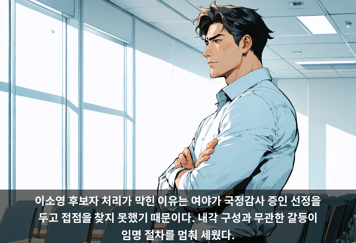 이소영 후보자 처리가 막힌 이유는 여야가 국정감사 증인 선정을 두고 접점을 찾지 못했기 때문이다. 내각 구성과 무관한 갈등이 임명 절차를 멈춰 세웠다.