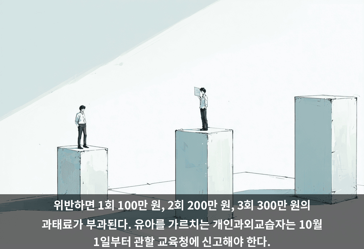 위반하면 1회 100만 원, 2회 200만 원, 3회 300만 원의 과태료가 부과된다. 유아를 가르치는 개인과외교습자는 10월 1일부터 관할 교육청에 신고해야 한다.
