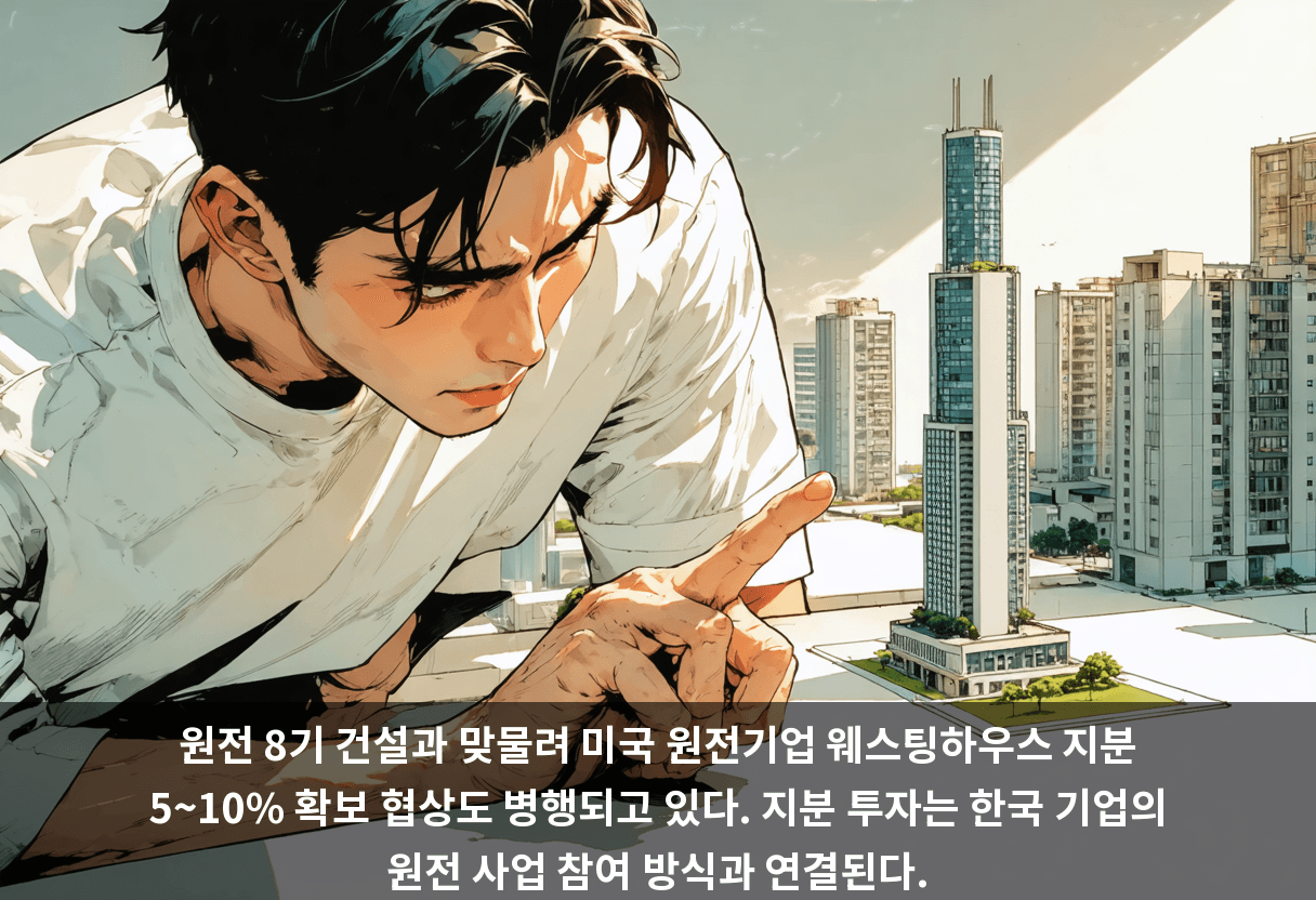 원전 8기 건설과 맞물려 미국 원전기업 웨스팅하우스 지분 5~10% 확보 협상도 병행되고 있다. 지분 투자는 한국 기업의 원전 사업 참여 방식과 연결된다.