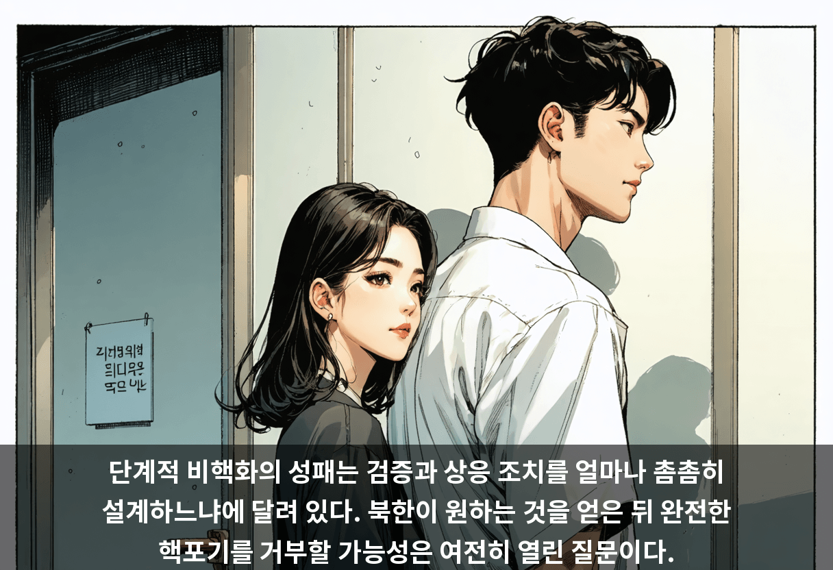단계적 비핵화의 성패는 검증과 상응 조치를 얼마나 촘촘히 설계하느냐에 달려 있다. 북한이 원하는 것을 얻은 뒤 완전한 핵포기를 거부할 가능성은 여전히 열린 질문이다.