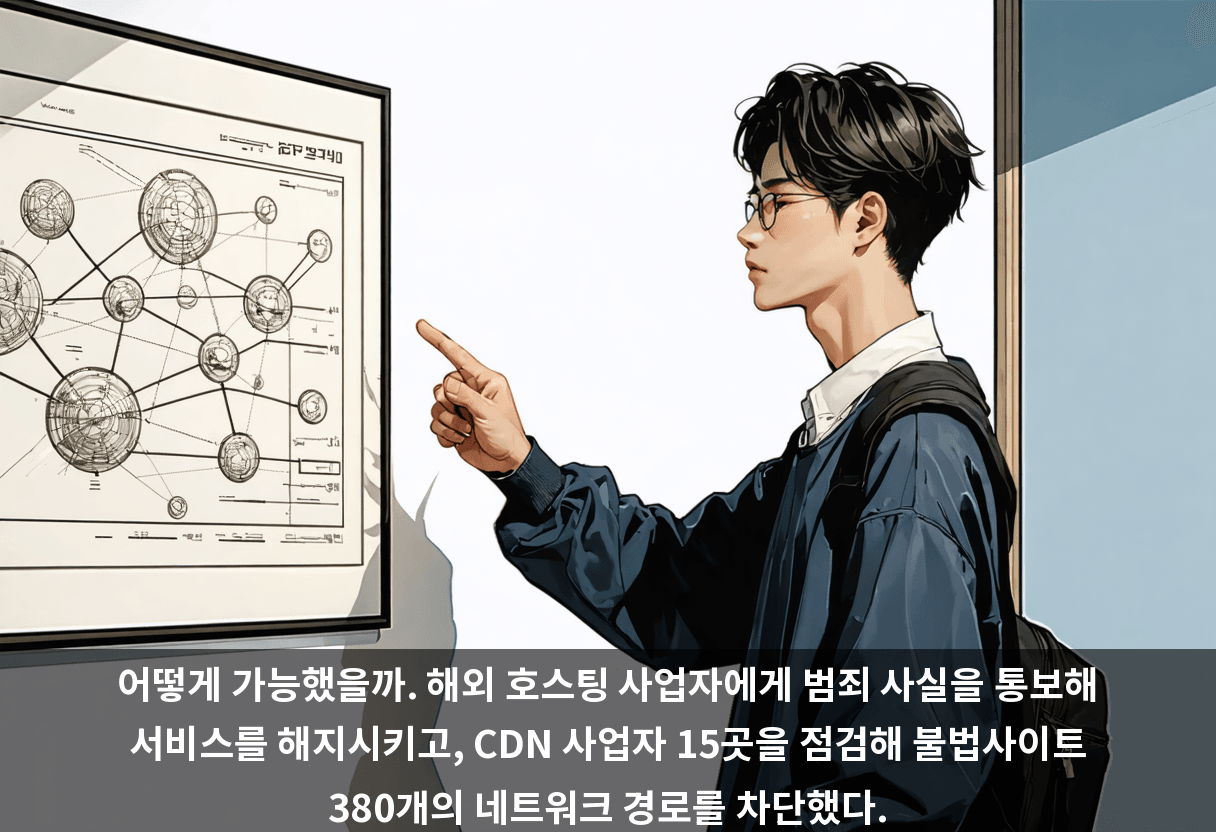 어떻게 가능했을까. 해외 호스팅 사업자에게 범죄 사실을 통보해 서비스를 해지시키고, CDN 사업자 15곳을 점검해 불법사이트 380개의 네트워크 경로를 차단했다.