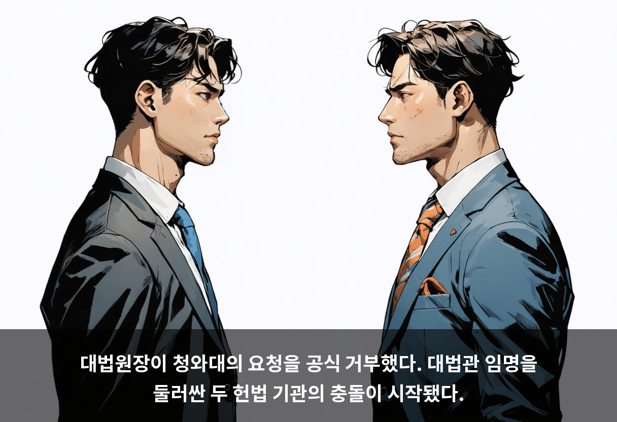 대법원장이 청와대의 요청을 공식 거부했다. 대법관 임명을 둘러싼 두 헌법 기관의 충돌이 시작됐다.