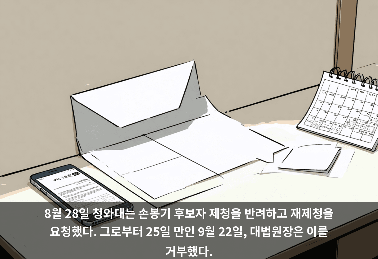 8월 28일 청와대는 손봉기 후보자 제청을 반려하고 재제청을 요청했다. 그로부터 25일 만인 9월 22일, 대법원장은 이를 거부했다.
