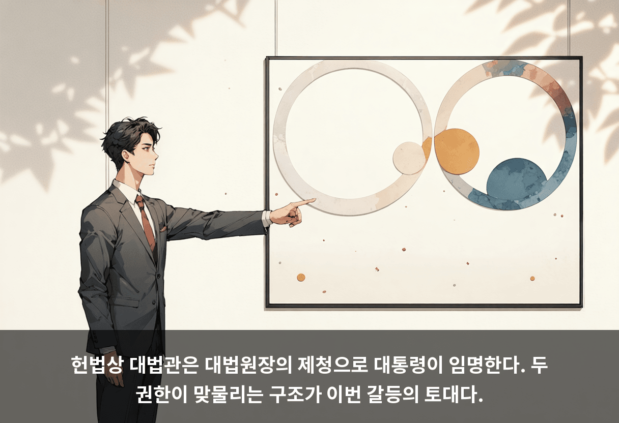 헌법상 대법관은 대법원장의 제청으로 대통령이 임명한다. 두 권한이 맞물리는 구조가 이번 갈등의 토대다.