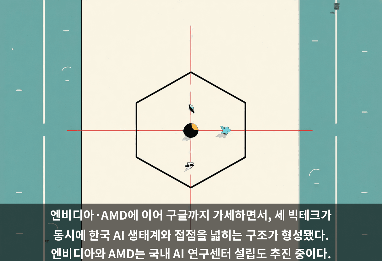엔비디아·AMD에 이어 구글까지 가세하면서, 세 빅테크가 동시에 한국 AI 생태계와 접점을 넓히는 구조가 형성됐다. 엔비디아와 AMD는 국내 AI 연구센터 설립도 추진 중이다.