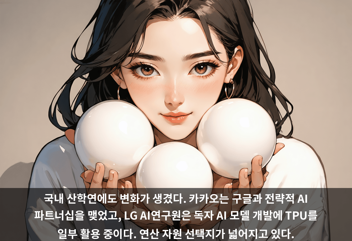국내 산학연에도 변화가 생겼다. 카카오는 구글과 전략적 AI 파트너십을 맺었고, LG AI연구원은 독자 AI 모델 개발에 TPU를 일부 활용 중이다. 연산 자원 선택지가 넓어지고 있다.