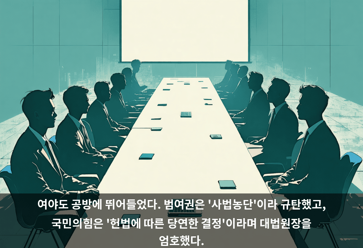 여야도 공방에 뛰어들었다. 범여권은 '사법농단'이라 규탄했고, 국민의힘은 '헌법에 따른 당연한 결정'이라며 대법원장을 엄호했다.