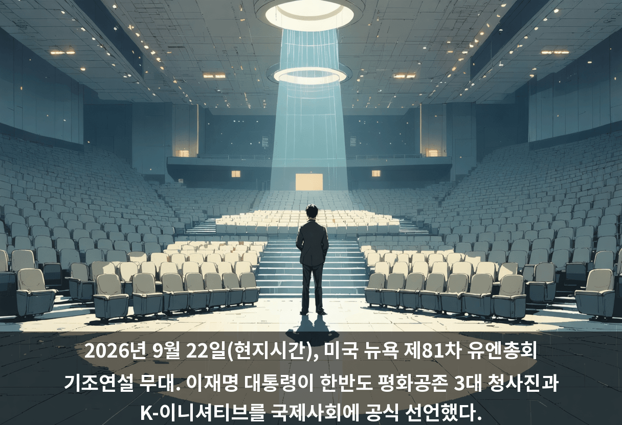 2026년 9월 22일(현지시간), 미국 뉴욕 제81차 유엔총회 기조연설 무대. 이재명 대통령이 한반도 평화공존 3대 청사진과 K-이니셔티브를 국제사회에 공식 선언했다.