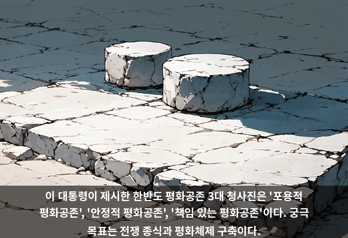 이 대통령이 제시한 한반도 평화공존 3대 청사진은 '포용적 평화공존', '안정적 평화공존', '책임 있는 평화공존'이다. 궁극 목표는 전쟁 종식과 평화체제 구축이다.