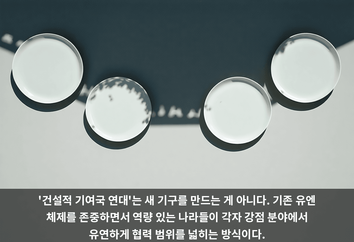 '건설적 기여국 연대'는 새 기구를 만드는 게 아니다. 기존 유엔 체제를 존중하면서 역량 있는 나라들이 각자 강점 분야에서 유연하게 협력 범위를 넓히는 방식이다.
