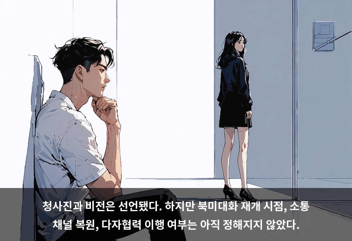 청사진과 비전은 선언됐다. 하지만 북미대화 재개 시점, 소통 채널 복원, 다자협력 이행 여부는 아직 정해지지 않았다.