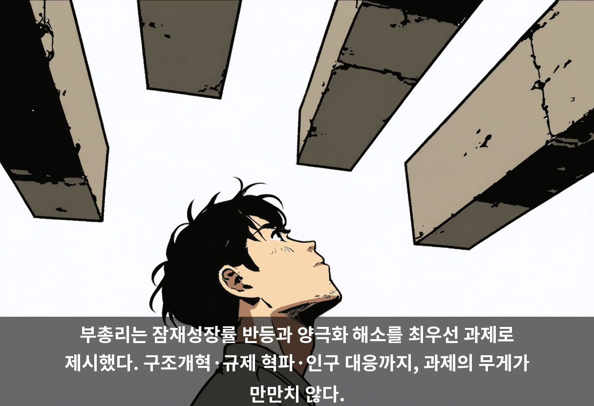 부총리는 잠재성장률 반등과 양극화 해소를 최우선 과제로 제시했다. 구조개혁·규제 혁파·인구 대응까지, 과제의 무게가 만만치 않다.