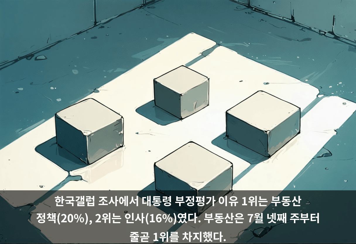 한국갤럽 조사에서 대통령 부정평가 이유 1위는 부동산 정책(20%), 2위는 인사(16%)였다. 부동산은 7월 넷째 주부터 줄곧 1위를 차지했다.
