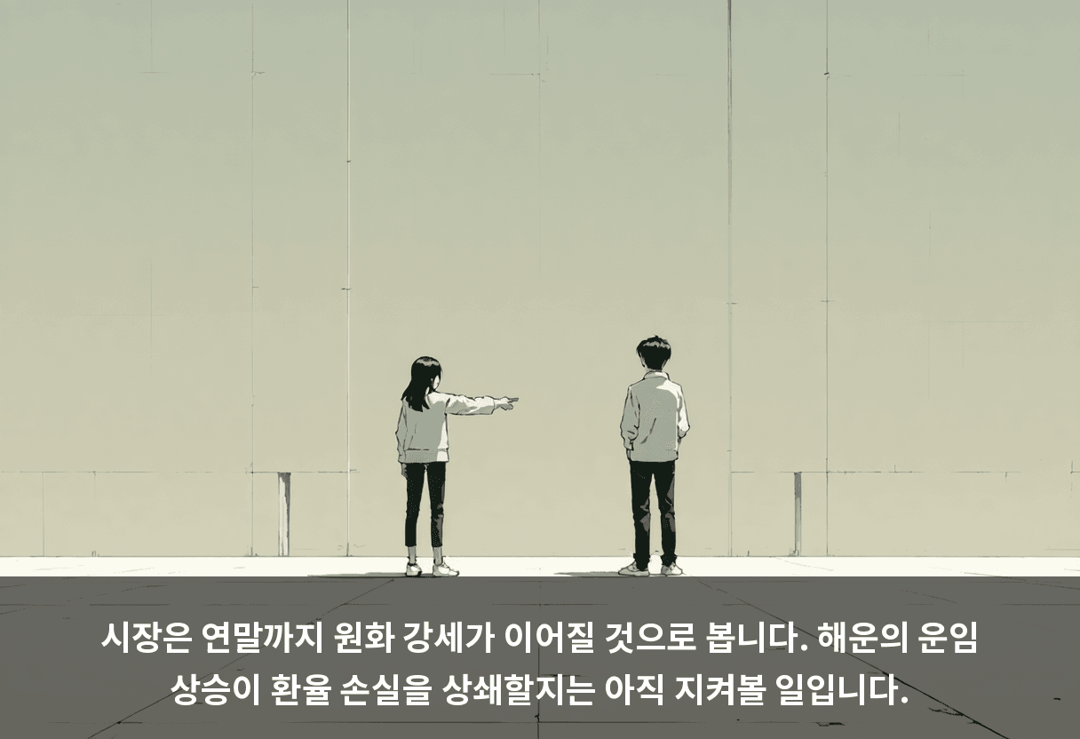 시장은 연말까지 원화 강세가 이어질 것으로 봅니다. 해운의 운임 상승이 환율 손실을 상쇄할지는 아직 지켜볼 일입니다.