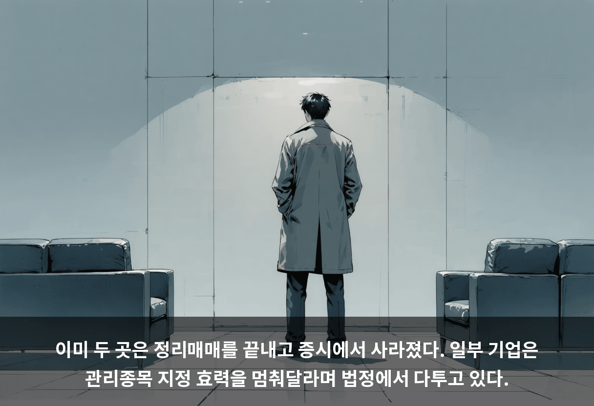 이미 두 곳은 정리매매를 끝내고 증시에서 사라졌다. 일부 기업은 관리종목 지정 효력을 멈춰달라며 법정에서 다투고 있다.