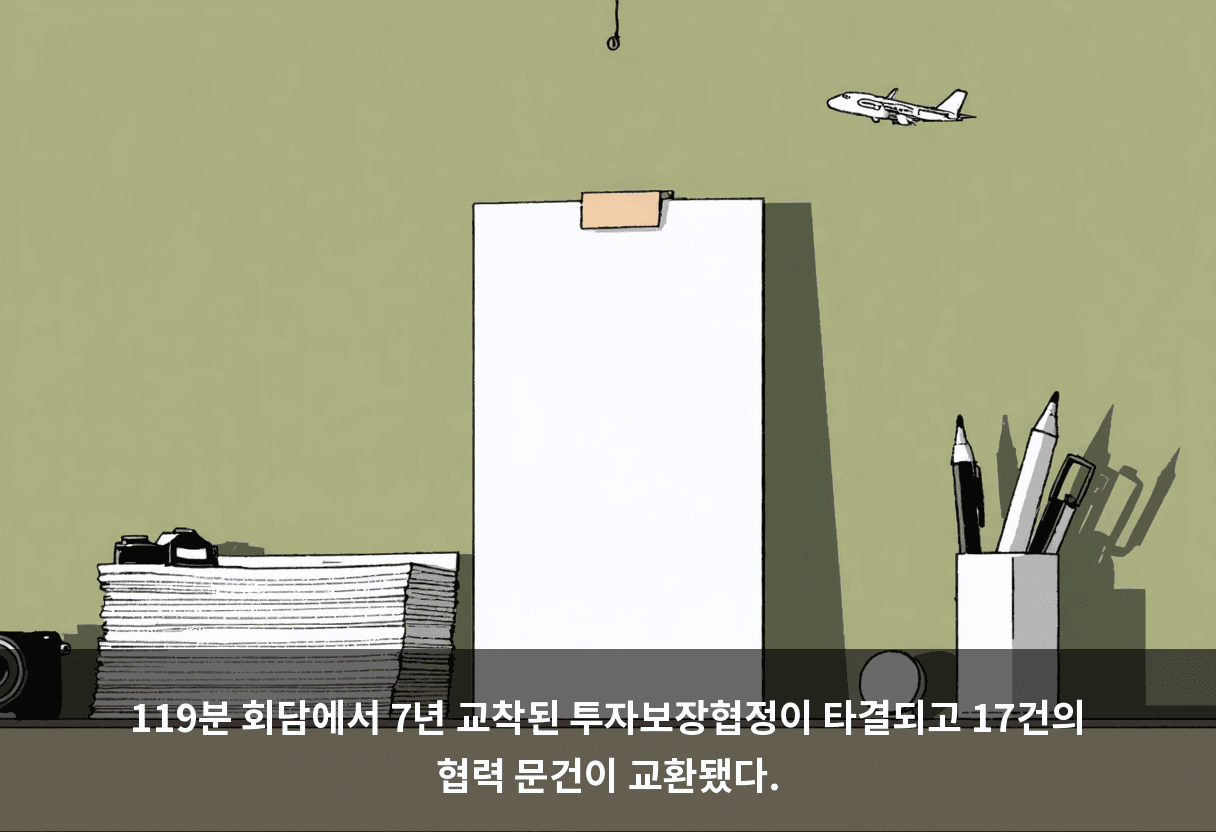 119분 회담에서 7년 교착된 투자보장협정이 타결되고 17건의 협력 문건이 교환됐다.
