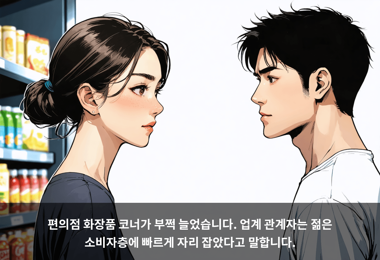 편의점 화장품 코너가 부쩍 늘었습니다. 업계 관계자는 젊은 소비자층에 빠르게 자리 잡았다고 말합니다.