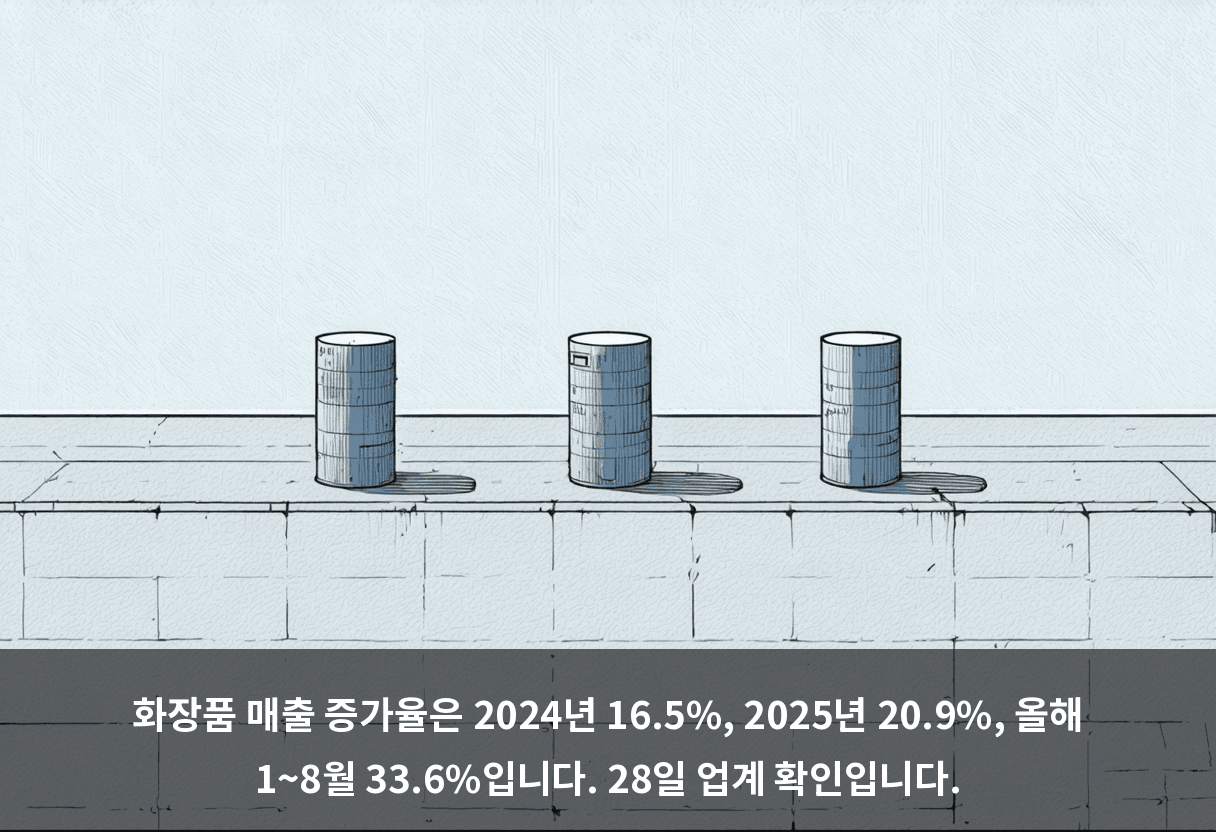 화장품 매출 증가율은 2024년 16.5%, 2025년 20.9%, 올해 1~8월 33.6%입니다. 28일 업계 확인입니다.