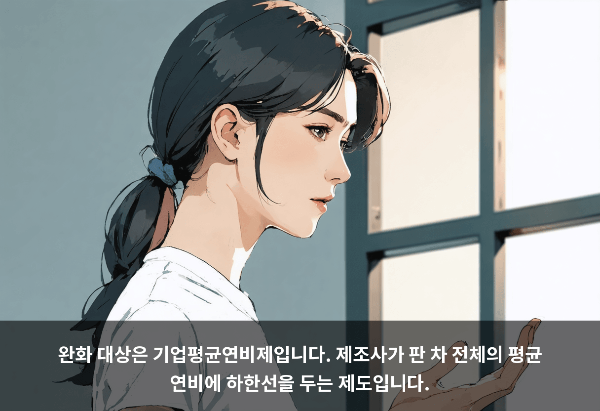 완화 대상은 기업평균연비제입니다. 제조사가 판 차 전체의 평균 연비에 하한선을 두는 제도입니다.