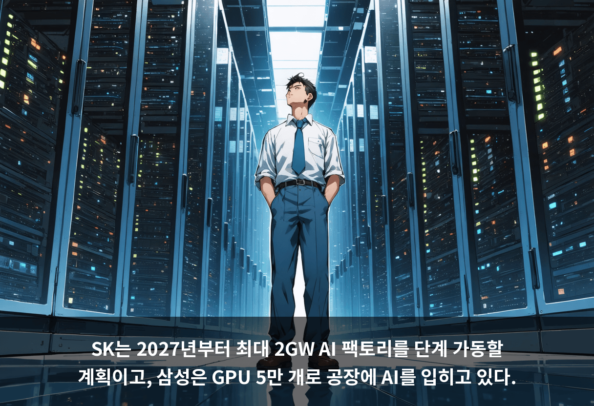 SK는 2027년부터 최대 2GW AI 팩토리를 단계 가동할 계획이고, 삼성은 GPU 5만 개로 공장에 AI를 입히고 있다.