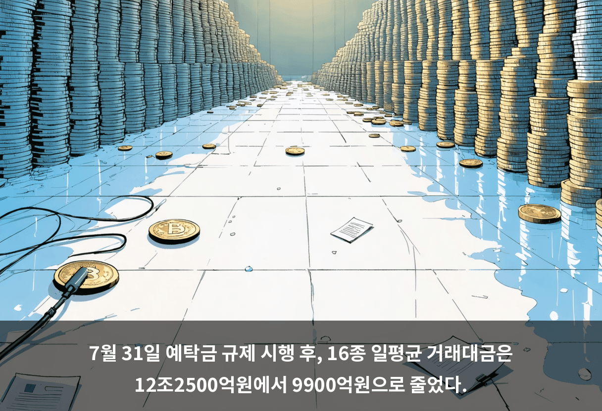 7월 31일 예탁금 규제 시행 후, 16종 일평균 거래대금은 12조2500억원에서 9900억원으로 줄었다.
