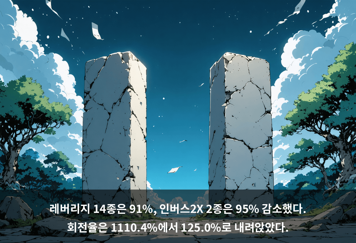 레버리지 14종은 91%, 인버스2X 2종은 95% 감소했다. 회전율은 1110.4%에서 125.0%로 내려앉았다.