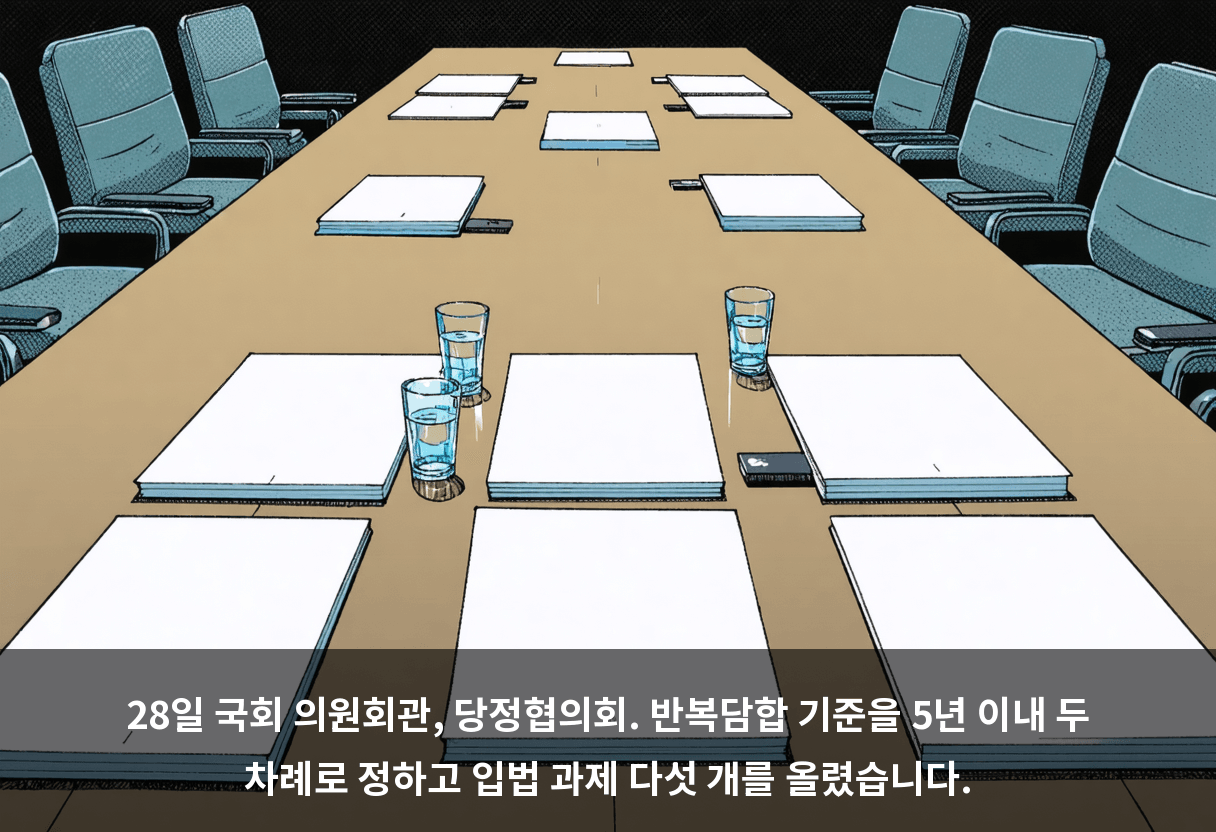 28일 국회 의원회관, 당정협의회. 반복담합 기준을 5년 이내 두 차례로 정하고 입법 과제 다섯 개를 올렸습니다.