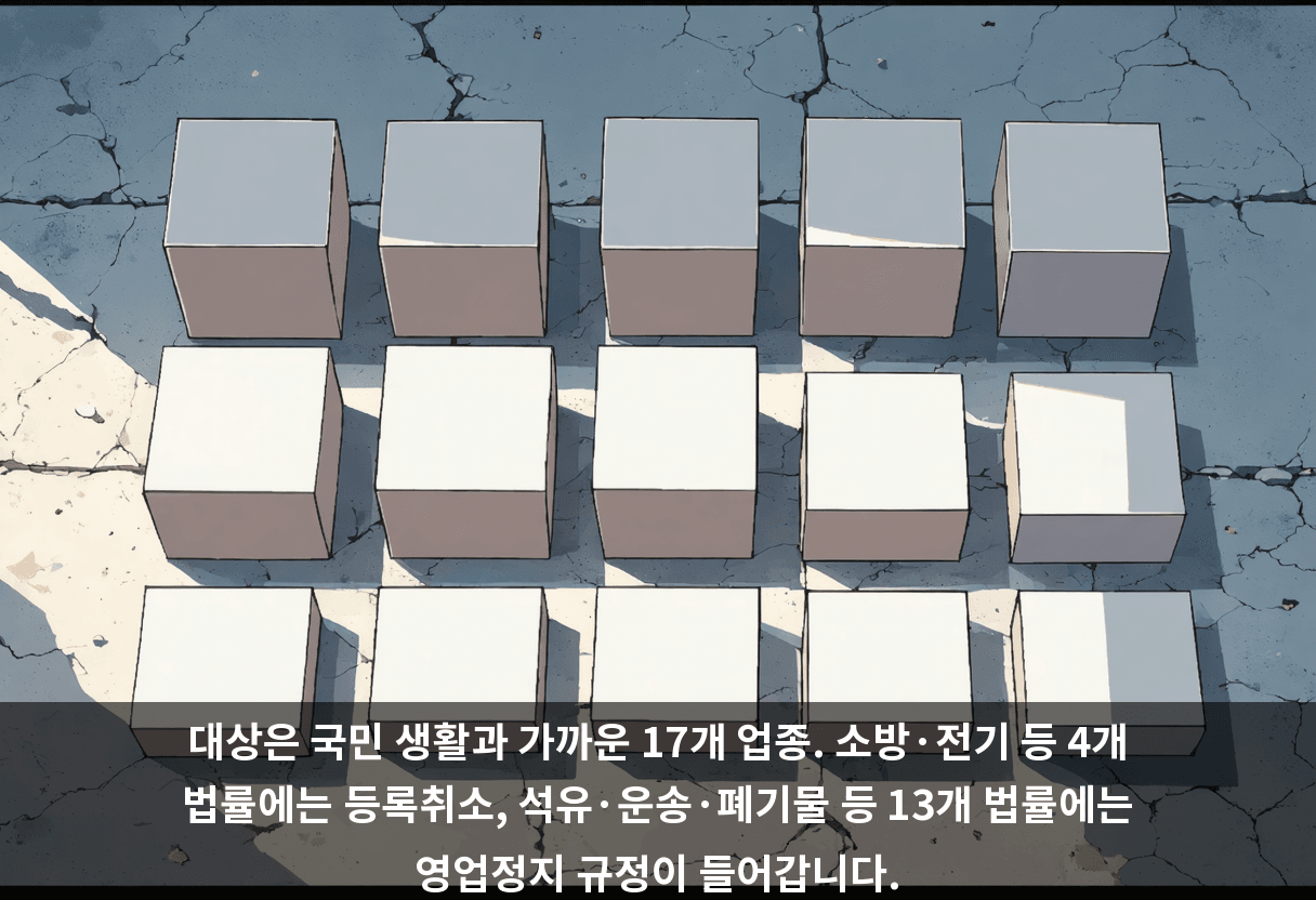 대상은 국민 생활과 가까운 17개 업종. 소방·전기 등 4개 법률에는 등록취소, 석유·운송·폐기물 등 13개 법률에는 영업정지 규정이 들어갑니다.