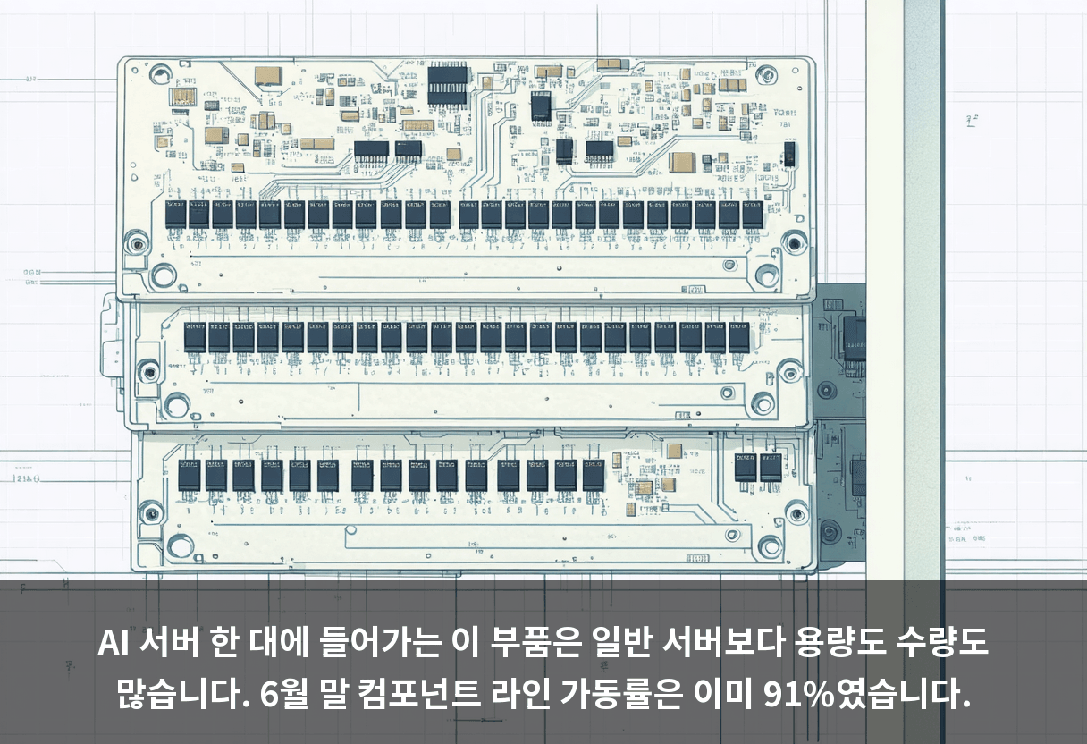 AI 서버 한 대에 들어가는 이 부품은 일반 서버보다 용량도 수량도 많습니다. 6월 말 컴포넌트 라인 가동률은 이미 91%였습니다.